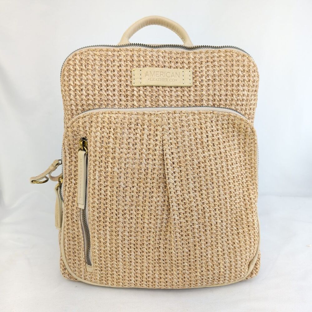American Leather Co Backpack Woven Straw Small Tan Cream Genuine Leather Womens